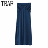 Yipinpay Ruched Long Skirts For Women Fashion 2023 Nvay Blue High Waist Skirt Woman Summer Midi Slit Skirt Elegant Women's Skirts