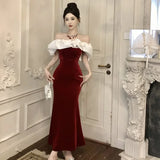 Yipinpay Mermaid Dresses Women Slash Neck Off Shoulder Patchwork Sleeveless Sexy Velvet Party Dress Elegant Ladies Backless