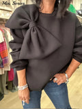 Yipinpay Bow Loose Pullover Women Elegant Red O-neck Long Sleeve Short Sweatershirts 2024 Spring Fashion Lady Casual Outwear Tops