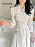 yipinpay Elegant Luxury Long Suit Dresses for Women Solid Korean Chic French Trendy Full Sleeve Midi Dress Turndown Collar Robe
