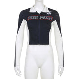 Yipinpay Up Slim Moto & Biker Racing Jackets Women Contrast Stitched Patchwork Full Sleeve Cropped Coats Y2K Autumn Clothes