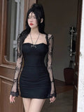 Yipinpay Woman Dress Sexy Square Collar Lace Patchwork Flare Long Sleeve Slim French Style Chic Party Mini Dresses Ladies
