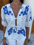 Yipinpay Flower Printing Puff Sleeve Shirts For Women Fashion Lace-up V-neck Short Blouse Female 2024 Summer Elegant Cropped Tops