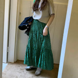 Yipinpay New Vintage Print A-line Skirt Women High Waist Pleated Loose Casual Skirts Tide Skirt Korean Fashion Clothing Female