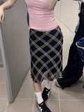 Yipinpay Vintage 90s Plaid Skirt Women Summer 2023 Korean Style Casual Mesh Print High Waist Slim Midi Skirt Girl Y2k Streetwear