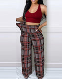 Yipinpay Women's Bottoms Elegant Casual Plaid Print High Waist Long Pants Loose Trouser