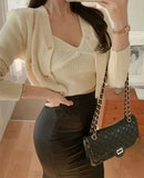 Yipinpay Fall Sexy Camisole Top + Cropped V Neck Black Cardigan Twist Knitted Coat Korean Chic Two Piece Sets Retro Winter Clothes