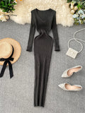 Yipinpay Women Autumn Knitted Dress V Neck Sexy Slim Elastic Oversized Basic Bodycon Long Dress Winter knit Warm Sweater Dresses