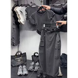 Yipinpay Women Skirts Suit American Retro Slim Sleeveless T-shirt Top High Waist Cargo Long Skirt Two Piece Set Women Outfits