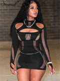 Yipinpay Simenual Rave Y2K Fashion Burn Out Hollow Out Mini Dress Sexy Tights Package Hip Party Dresses Hot Clubwear Women Baddie Outfits