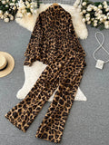 Yipinpay Leopard Vinage Casual Autumn Suits Loose Folds Lapel Blouse Tops+Wide Leg Long Pants Streetwear Women Two Pieces Suits