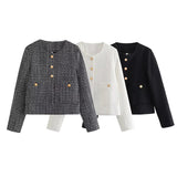 Yipinpay Autumn Women Single Breasted Tweed Jacket Round Neck Long Sleeve Elegant Female Chic Crop Outerwear