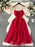 Yipinpay Fashion Temperament Long Dress Spaghetti Strap Sleeveless Design Female Solid Senior Embroidery Mesh Party Dress