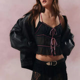 Yipinpay Women’s Y2K Vintage Summer Sheer Mesh Cami Tops Lace Trim Adjustable Strap See Through V Neck Elastic Back Crop Tops