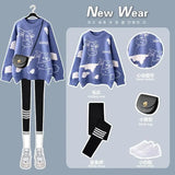 Yipinpay Women's 2024 Autumn Winter New Loose Sweater High Waist Slim Fit Shark Pants Two Piece Korean Elegant Tracksuit Matching Set