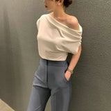 Yipinpay Shirts for Women White Diagonal Collar Crop Tops Off Shoulder Short Sleeve Tshirt Lady Korean Wild OL Pleated T-shirts