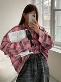 Yipinpay Pink Plaid Shirts And Tops Women Street Wear Gingham Casual Long Sleeve Top Single-Breasted Oversize Shirt Ladies