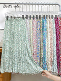 Yipinpay Korean Fashion Midi Skirt Women Vintage Floral Print High Waist Pleated Skirts 2023 Spring Summer Chic A-line Faldas