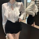 Yipinpay Shirts Women Ruffles Patchwork Autumn Fashion Long Sleeve chic Hollow Out Bandage Blouse Female Elegant Sexy Tops