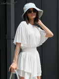 Yipinpay Elegant White Culottes Women Dress Flare Sleeve Soft Ruffled Shorts Dress Office Ladies Slim Crepe Mini Dress 2023