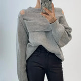 Yipinpay Korean Chic Women Sweater Elegant Hollow Out Off Shoulder Patchwork Loose Knitted Tops Office Lady Fashion Pullover