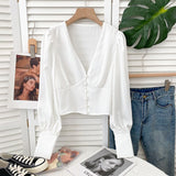 Yipinpay Women Blusas Casual Long Sleeve Elegant Sexy V-neck Blouses Ladies Buttons Crop Top Female Slim Fashion White Shirts