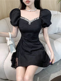 Yipinpay Woman Dress V Neck Diamonds Puff Short Sleeve Flowers Lace Patchwork Vintage Korean Fashion Elegant Dresses Sexy