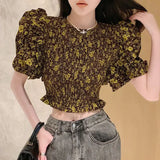 Yipinpay Mujer De Moda Sexy Floral Blouse Print Crop Top O Neck Ruffles Summer Shirts for Women 2023 Slim Shirt Femme Chic
