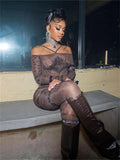 Yipinpay Simenual Sexy Clubwear 90s Rave Printed Mesh Women Two Piece Set Y2K Off Shoulder Bodysuit See Through Skinny Pants Co Ord Suits
