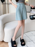 yipinpay Women High Waist Wide Leg Shorts Pants Loose Elegant Office Ladies Suit Shorts Solid Color Pockets Black Slim Pants