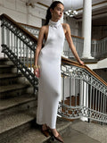 Yipinpay Knitwear Turtleneck Backless Long Dress For Women Solid Sleeveless Elegant High Waist Patchwork Dress Ladies Knit Dress