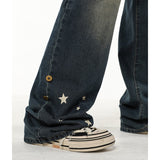 yipinpay High Waist Women Jeans Stars Printing Vintage American Fashion Streetwear Wide Leg Female Denim Trouser Straight Pants