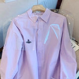 yipinpay Purple Shirt Women Blouse Chic Embroid Design Long Sleeves Casual Tops 2023 Fashion Vintage Single-Breasted Femmes Shirt
