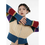 yipinpay Women Green Stripe Short Sweater POLO Collar Color Contrast Fashion Retro Lazy Wind Winter Long Sleeves Knitting Cardigan Coat