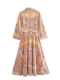 Yipinpay 2023 Woman Vintage Print Shirt Dress Women Belt Summer Long Dresses For Women Fashion Button Midi Elegant Casual Dresses