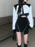 Yipinpay Women Suits Sexy Crop Leather Jacket Black Hollow Shirt High Waist Skirt 3 Piece Zip Skirt Party Girl Elegant Y2k Female Suits