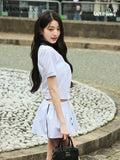 Yipinpay Girl Skirt Set Spring/Summer Academy Style Short Sleeve White Polo Neck Shirt Half Skirt Two Piece Set Women Outfits