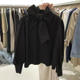 Yipinpay Shirt Women Femininas Blusas Mujer Style Temperament Bow Tie Loose Slim Long Sleeve Shirt Tops Retro Black Shirts