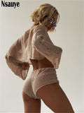 yipinpay Sexy Knitted Casual Tracksuit Women Two Piece Set Y2K Hollow Out Long Sleeve Tops Mini Shorts Fashion Summer Suit 2023