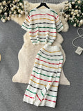 Yipinpay Summer Knit Casual Two Pieces Sets Women Loose Short Camisole+ Skinny Long Dress Retro Stripe Hollow Out Design Suit
