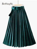 yipinpay Autumn Winter Skirt Women With Belt Long Metallic Silver Maxi Pleated Skirt Midi High Waist Fashion Vintage Saia Party