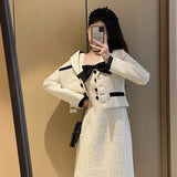 Yipinpay Temperament Blazers Femenino Crop Tweed Coat Plaid Jacket Women Suspenders Camisole Dress Bodycon Autumn Fashion Sets
