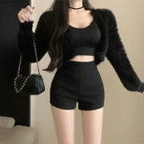 Yipinpay Sexy Shorts Women Autumn Winter Slim Stretch Basic High Waist Black Warp Hip Streetwear Fashion Female Shorts Casual