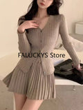 Yipinpay Two-piece Solid Skirt Sets Women V-neck Long Sleeves Knitted Cardigan + Mini Pleated Skirt Autumn Y2K Korean Chic Suit