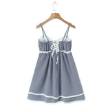 Yipinpay 2024 Women Lace Spliced Plaid Sling Mini Dress Sexy Sleeveless Back Lacing Up Ladies Party Skater Robe Summer Dresses