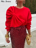 Yipinpay Bow Loose Pullover Women Elegant Red O-neck Long Sleeve Short Sweatershirts 2024 Spring Fashion Lady Casual Outwear Tops