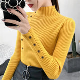 Yipinpay Women Autumn Knitted Slim Sweaters Solid Knitted Female Cotton Soft Elastic Color Pullovers Button Full Sleeve Turtleneck