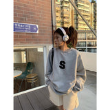 yipinpay New Grey Crew Baggy Sweatshirt Women Spring Autumn Fashion Letter Printing High Street Vintage Long Sleeves Pullover TOP