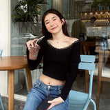 Yipinpay Women Crop Off-Shoulder Tops Lace Patchwork Long Sleeve T-Shirt Casual Pullovers Club Streetwear Aesthetic Clothes