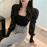 Yipinpay Lady Solid Color Patchwork Shirt Fake Two Spring Autumn Women's Clothing Korean Fashion Button Chain Blouse Slim Tops